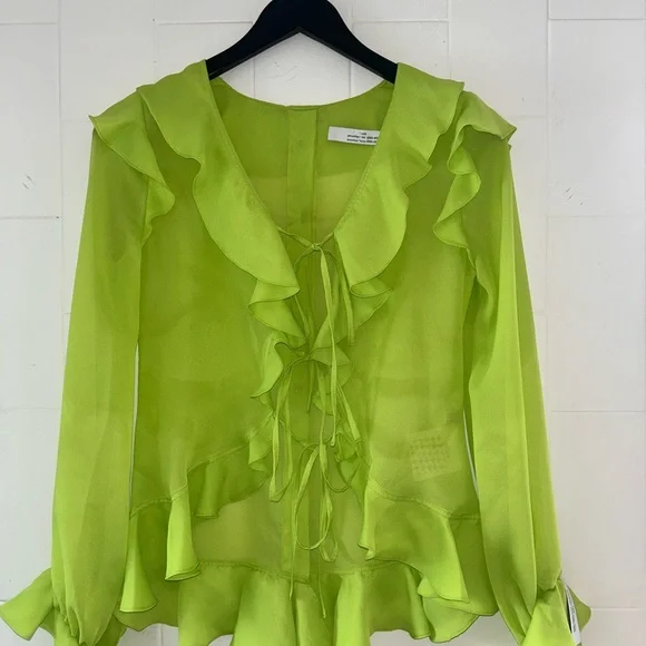 Ruffle Trim Sheer Blouse - Lime Green - Picture 1 of 4